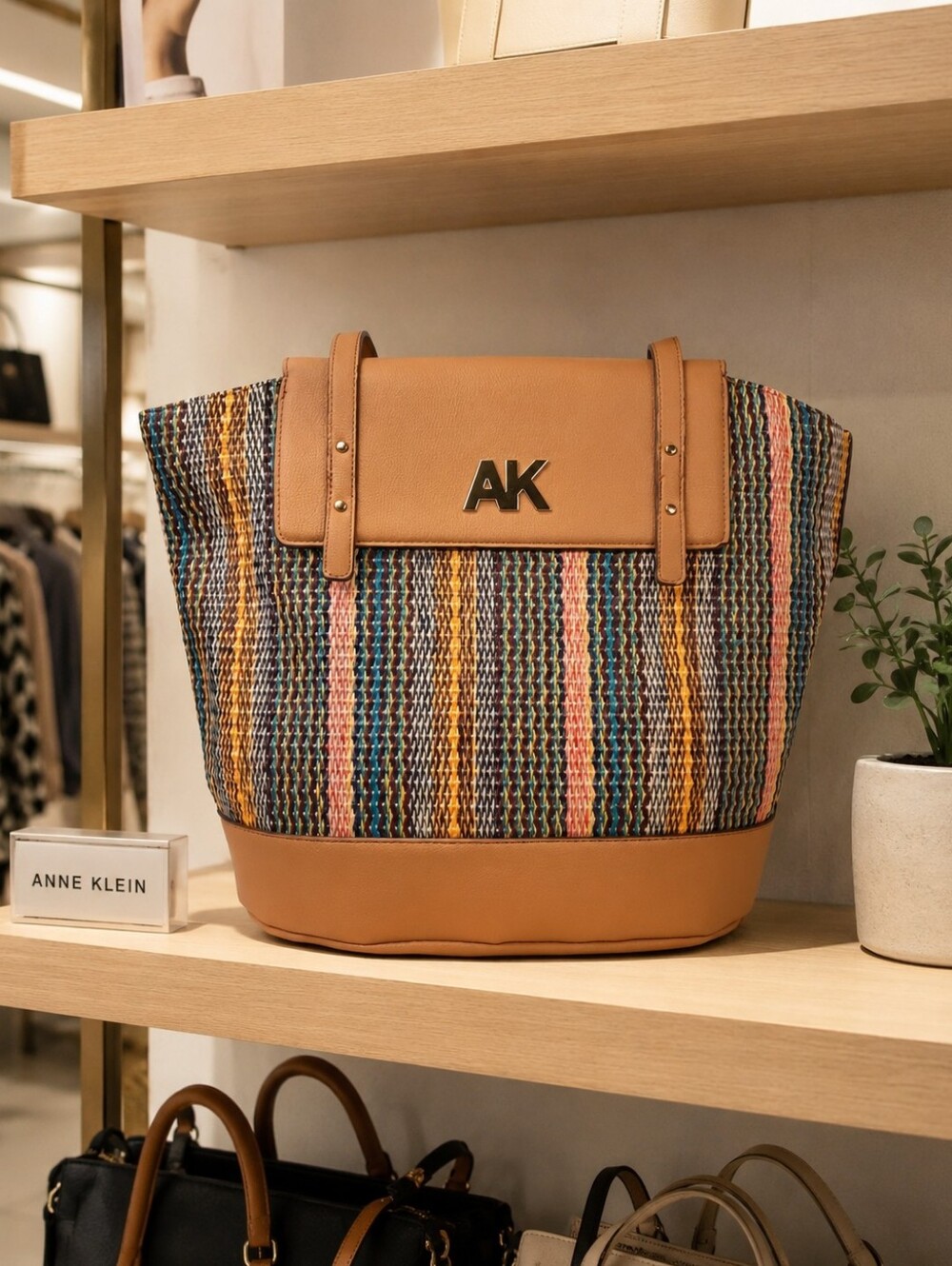 Anne Klein Large Straw Tote Bag Striped Woven Beach Peach Coral Trim Gold Logo